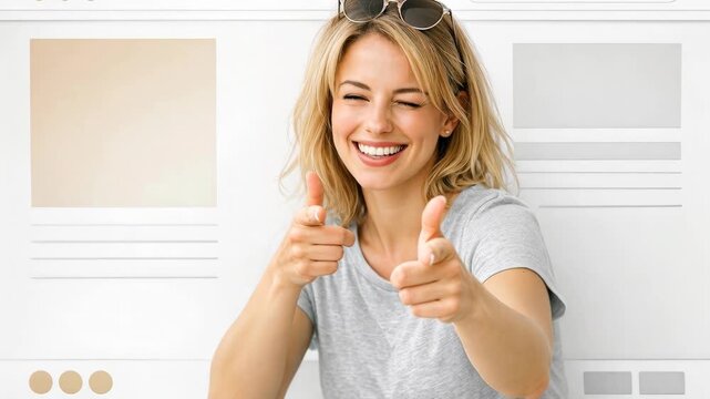 Smiling Blonde Woman Giving Thumbs Up in Studio