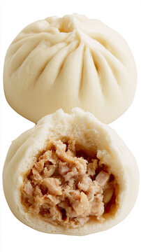 transparent steamed bao bun with pork filling isolated on white background