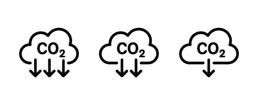 CO2 emissions icon with cloud reduction sign representing carbon control, greenhouse gas management, climate action, sustainability, and green technology