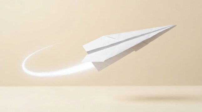 Minimalist paper plane flying with light trail, white origami airplane soaring, creative business startup concept