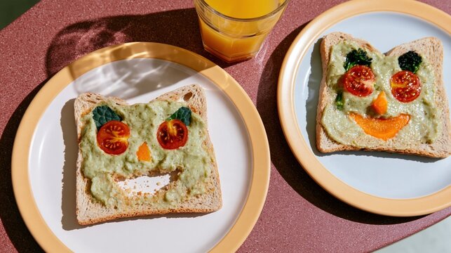 Toast slices decorated as playful animal faces with vegetables and fruit, served with juice on a red surface for childrens breakfast and nutrition