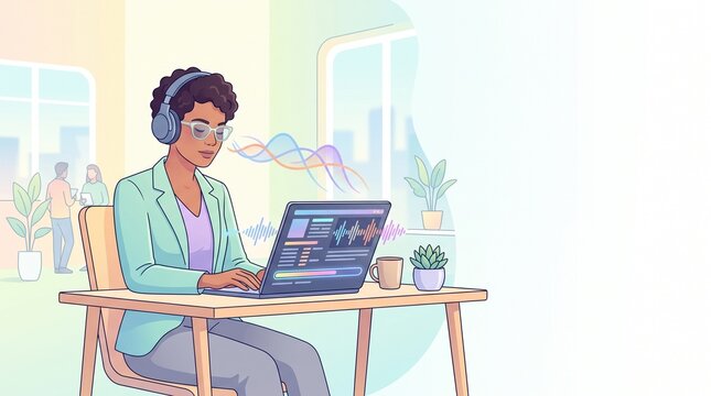  Impaired Employee Using Screen Reader in Modern Accessible Office Vector Illustration with Copy SpVisuallyace
