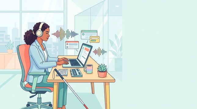  Impaired Employee Using Screen Reader in Modern Accessible Office Vector Illustration with Copy SpVisuallyace
