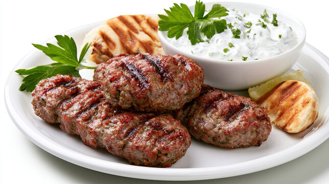 lamb kofta with yogurt dip on grill plate
