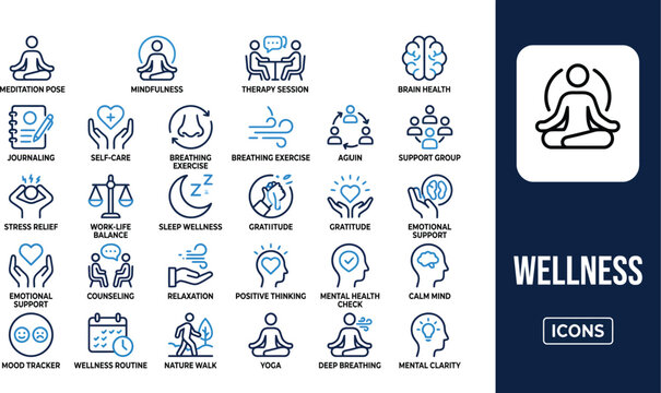Wellness and mental health icons set featuring meditation poses, mindfulness, therapy sessions, breathing exercises, and emotional support symbols in a blue and black line style for health and