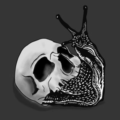 "A dark surrealism vector illustration featuring a creepy snail crawl with a detailed human skull replacing its natural shell. Designed in a bold black and white line art tattoo style, perfect for got © ube