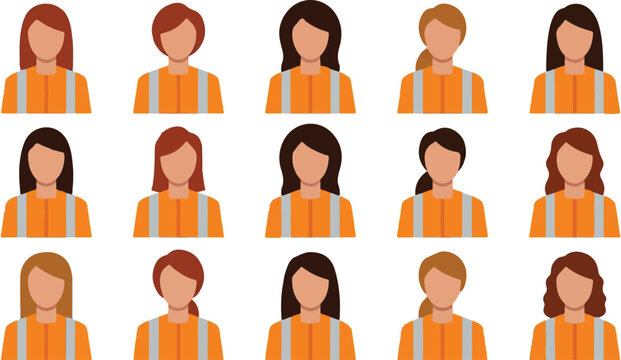 Collection of female worker avatars wearing orange uniforms for industrial or construction roles