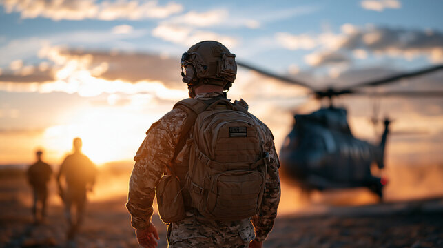 Rear view of soldiers approaching a tactical transport helicopter on a dusty desert landing zone at sunset, warm golden light filtering through rotor dust, military aviation suppor