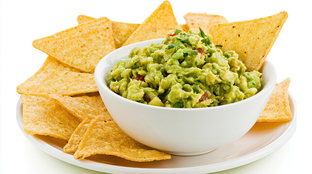 transparency guacamole with tortilla chips in a white bowl isolated