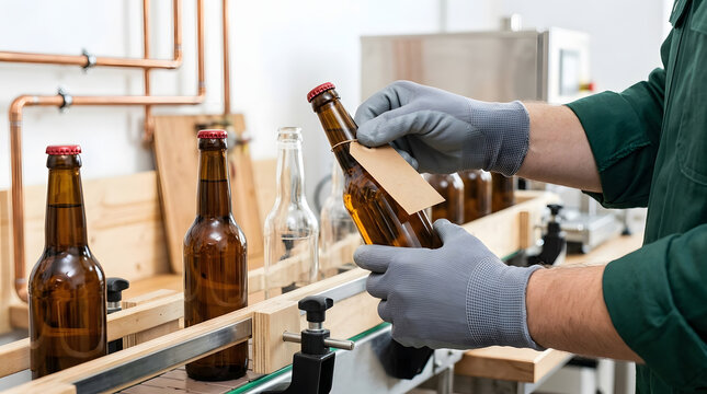 Worker handling brown glass beer bottles on production line