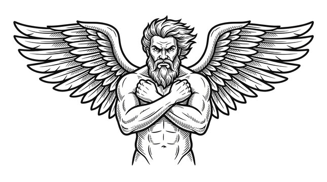 Muscular winged angel with crossed arms line art illustration