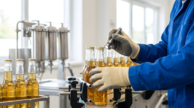 Worker inspecting glass bottles of yellow liquid on production line