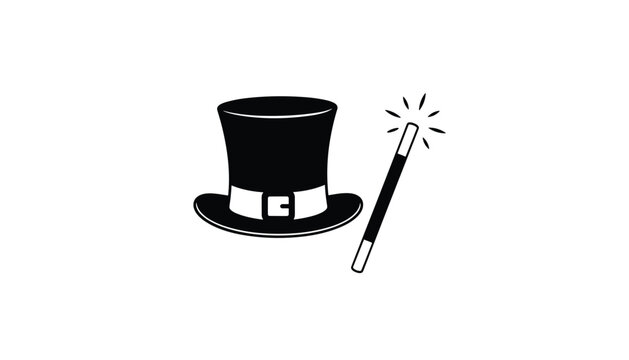 Black magic top hat next to a glowing magic wand, isolated on a clean white background in simple vector style.