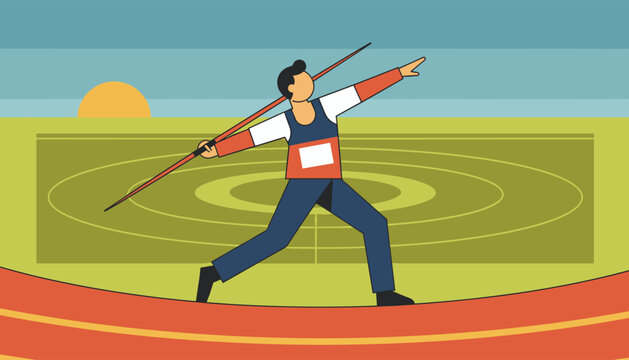Javelin thrower athlete preparing for the throw on a running track with a sunset background in flat style.