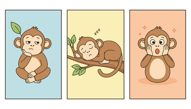 Cute little monkey cartoon character in three different poses showing boredom, sleepiness on a tree branch, and surprise.