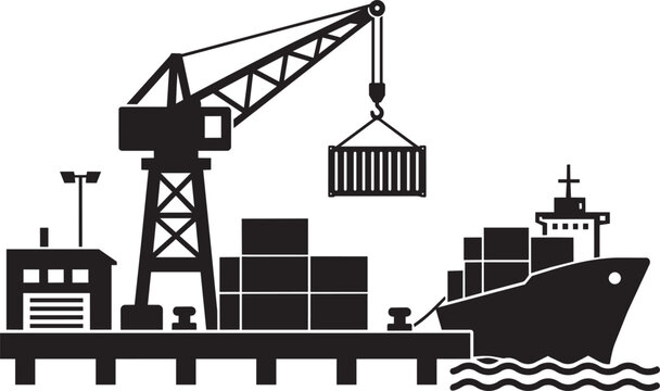 port cargo crane and container ship silhouette design vector illustration