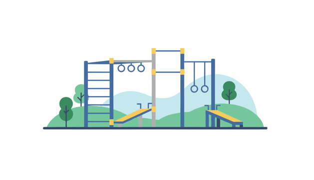Modern outdoor public workout playground with climbing bars, monkey rings, and benches on green hills with trees.