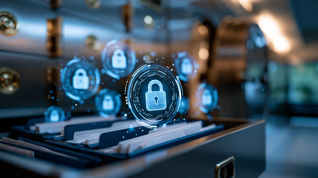 Open safety deposit box drawer revealing glowing security lock icons floating above document folders with an empty bank vault behind, bright modern financial facility, crisp graphi