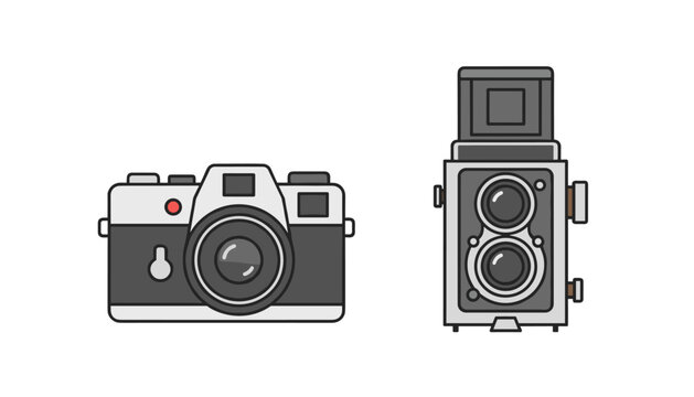 Minimalist vector illustration of vintage rangefinder and twin lens reflex cameras isolated on white, perfect for photography and retro designs.