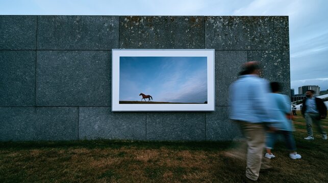 Blank signage board with a horse portrait on a weathered slate grey stone wall, featuring motion blur people for a mockup template