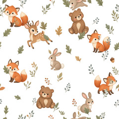 Naklejka premium Cute woodland animals seamless watercolor nursery pattern