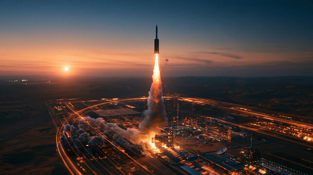 Low-angle perspective of an incoming defense missile intercepting a target above a desert facility at sunset, glowing digital HUD telemetry lines, precision strike and defense tech