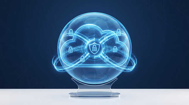 Glass cloud globe with glowing security shield and padlock icons for global digital network protection and cloud computing data privacy architecture.