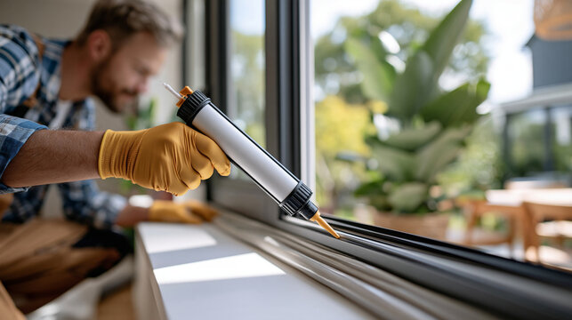 Close up angled view of a window caulking and sealant application under bright lighting, no people, bright home energy efficiency detail