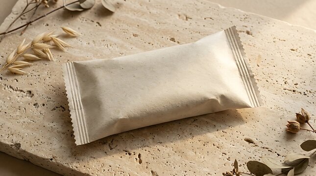 Blank silver snack bar wrapper on a green textured surface with small decorative dried flower petals. sustainable snack wrapper
