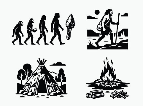 Illustration depicting the evolution of humans, showcasing stages of development, tools, and prehistoric life in a natural setting.