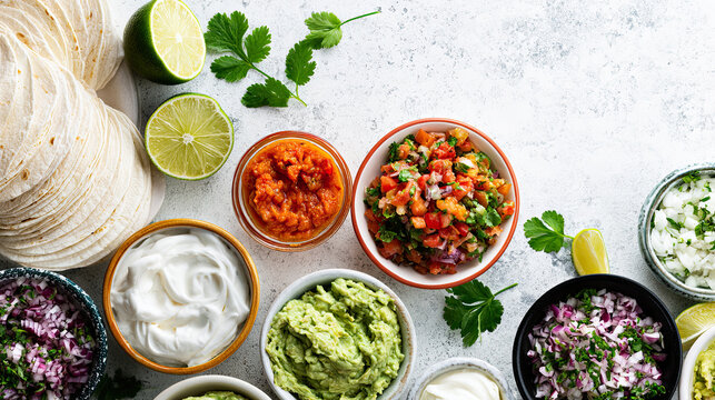 overhead taco salsa bar with pico de gallo and guacamole