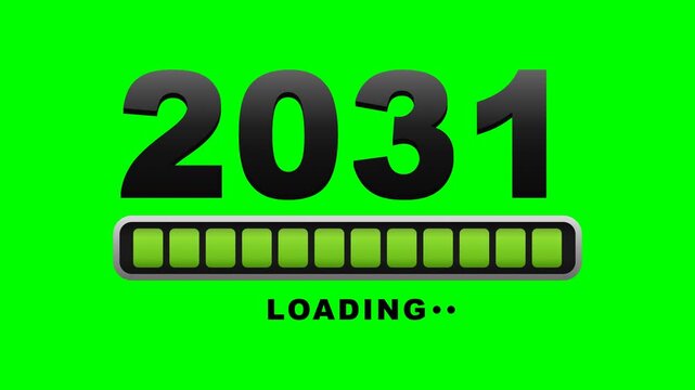 Faithful battery-style loading recreation on solid chroma GREEN background: the huge 2031 digits look VOLUMETRIC and filled with substance - a stacked extrusion of dark copies beneath gives real thick