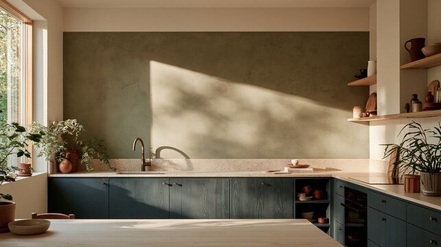 Sage green kitchen wall with soft daylight and deep blue cabinets, a refined and calm interior space for home renovation and mockup campaigns