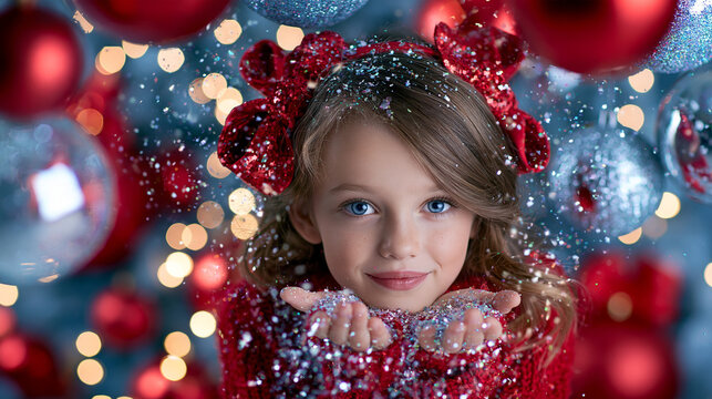 M&auml;dchen umgeben von roten Weihnachtskugeln, pustet Schnee, funkelnder Hintergrund, f&uuml;r Weihnachtskampagnen und Gru&szlig;karten geeignet.