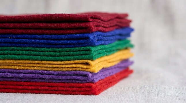 A neat stack of colorful felt fabric sheets on a neutral textured surface
