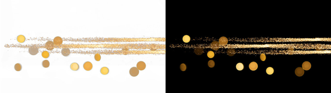new year's eve celebration party overlay element - golden sparkle light trail glow bokeh decorative effect, isolated on transparent and black background png
