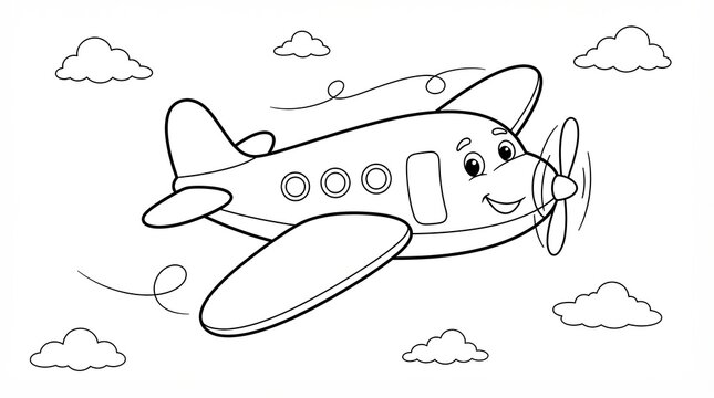 Cute cartoon airplane flying in the sky with clouds coloring page