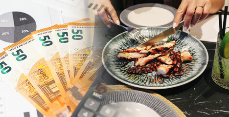 Euro banknotes and restaurant meal background. Grilled octopus beside financial charts and cash. Food prices inflation dining costs household spending and consumer economy. © Paweł Michałowski