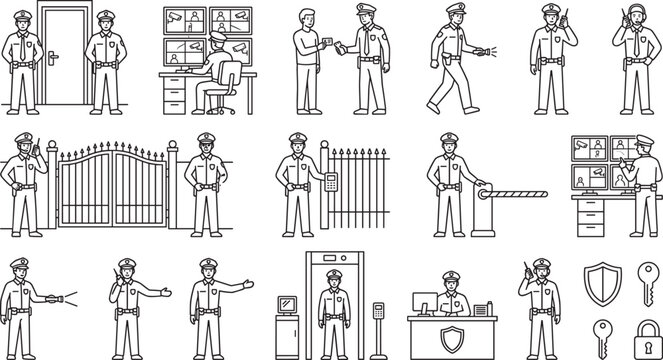 Security guard and surveillance control line icons set featuring officers monitoring cctv cameras gate checkpoints metal detectors and id verification systems vector illustration