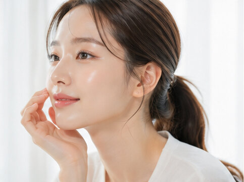 韓国コスメ,Kビューティー,韓国美容,コスメ,化粧品,スキンケア,美容,ビューティー,モデル女性,女性,透明感,艶肌,ツヤ肌,美肌,水光肌,韓国肌,素肌,ナチュラルメイク,韓国メイク,メイクアップ,基礎化粧品,美容液,化粧水,乳液,クリーム,保湿,肌質改善,毛穴,透明肌,潤い,健康的な肌,若い女性,20代女性,30代女性,ポートレート,顔,肌,頬,笑顔,清潔感,ナチュラル,美容モデル,コスメモデル