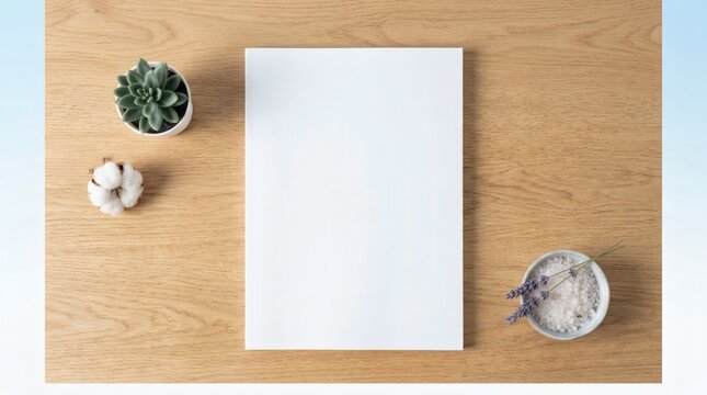Minimalist blank paper mockup on wooden desk, clean white stationery sheet, flat lay workspace with succulent and cotton