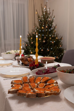 Traditional Christmas Dinner Table with Holiday Feast