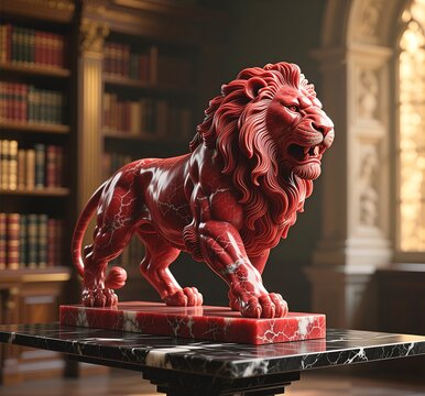 A statue of a lion made of red marble is displayed on the table.