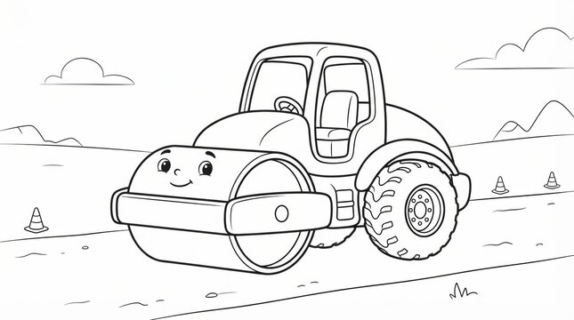 Cute cartoon road roller construction vehicle for kids coloring page