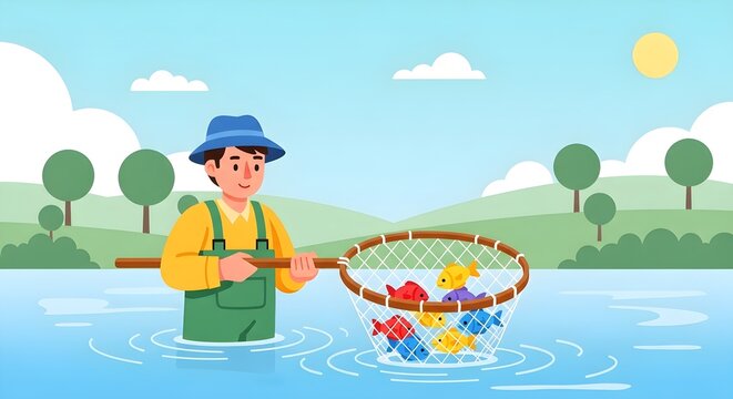 Fisherman standing in a river using a net to catch fish on a sunny day with fisherman outdoors activity landscape