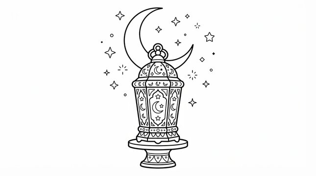 Ramadan lantern with a crescent moon and stars outline drawing for coloring page