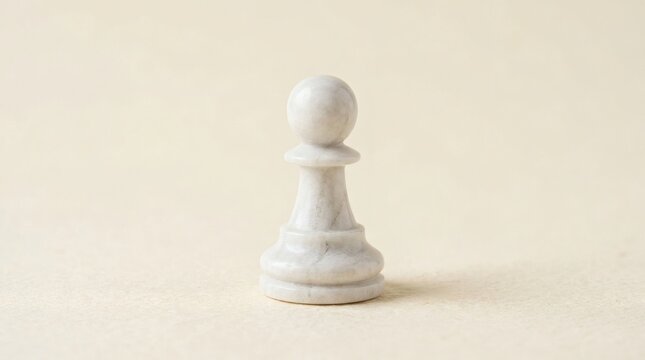 Minimalist white chess pawn on neutral background, single marble chess piece for business strategy, elegant game piece concept