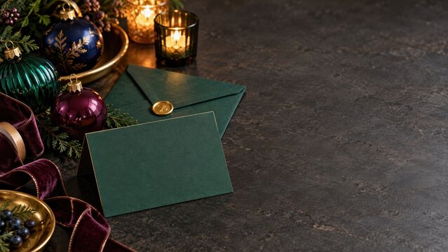 Green holiday card and envelope with gold wax seal beside Christmas ornaments and candlelight on a dark stone background