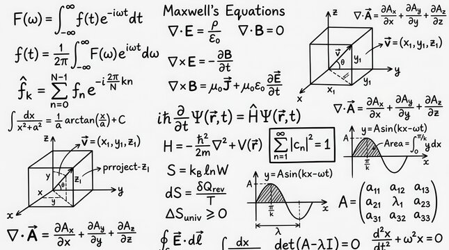Handwritten Physics and Mathematics Formulas Background Featuring Maxwell's Equations and Quantum Mechanics