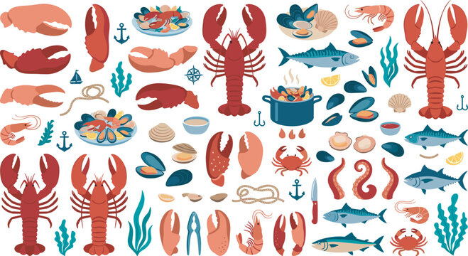 Seafood and fresh marine catch flat vector illustration elements bundle featuring lobsters crabs shrimps mussels fish claws octopus tentacles and culinary cooking pots